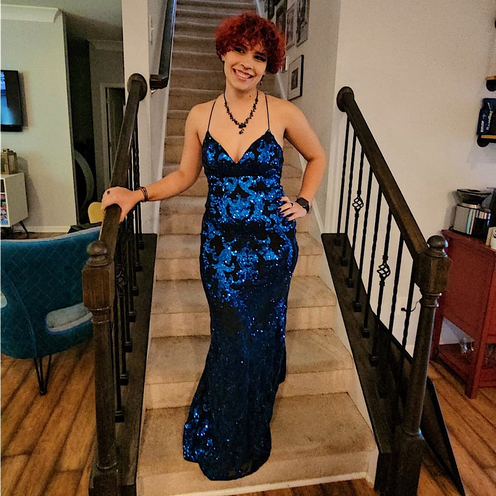 Black with blue sequins backless dress
